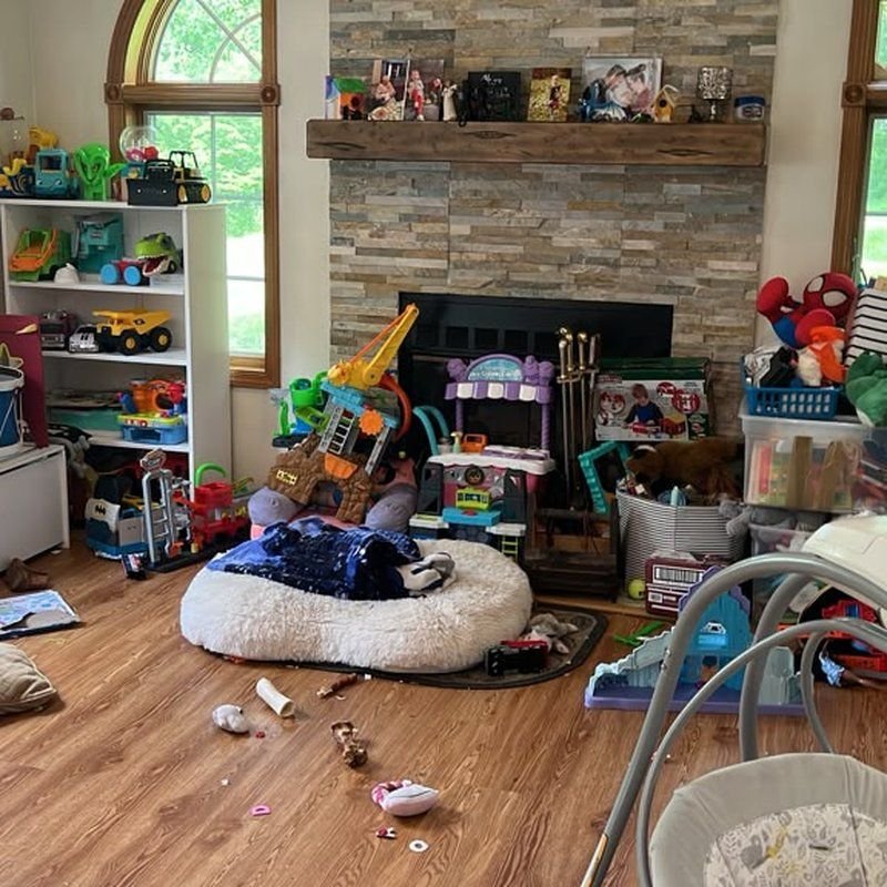 Family room & playroom reset, before cleaning